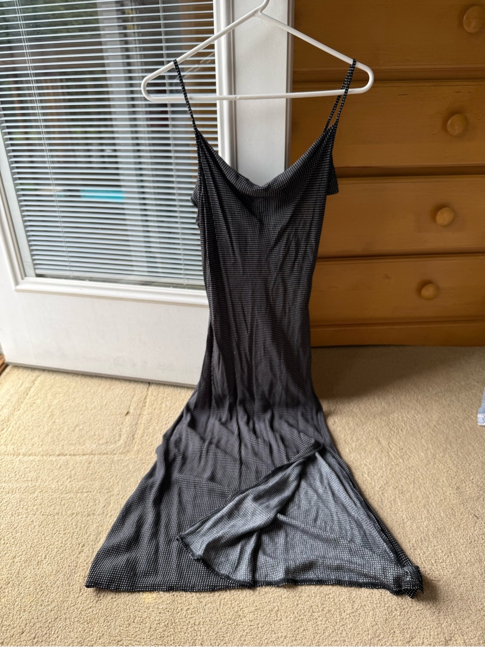 Black Micro-Polka Dot Slip Dress with Spaghetti Straps